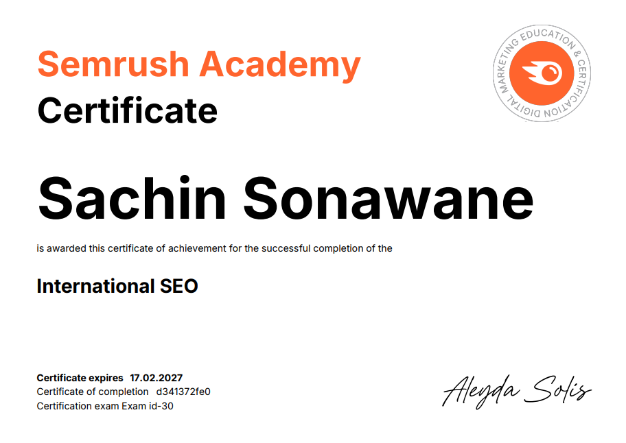 Internation SEO Certfites 2026 sachin
