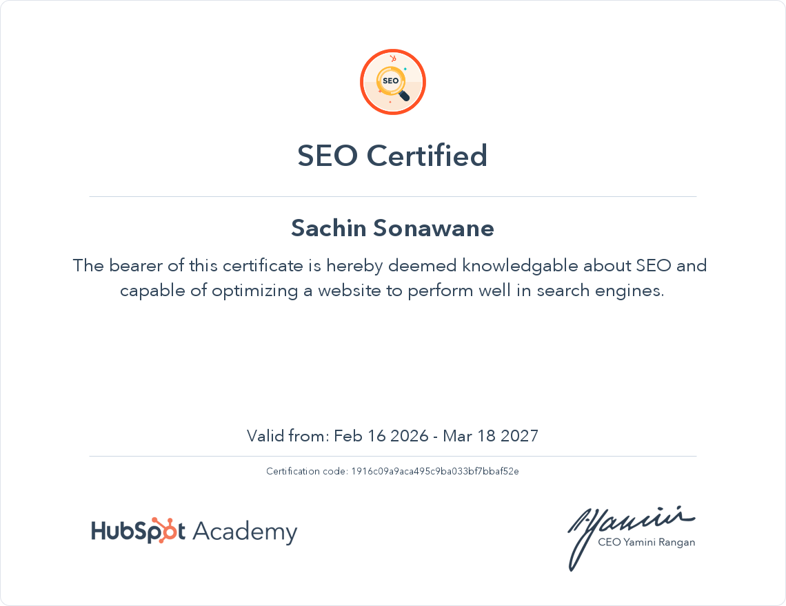SEO Certified 2026 Hubspot